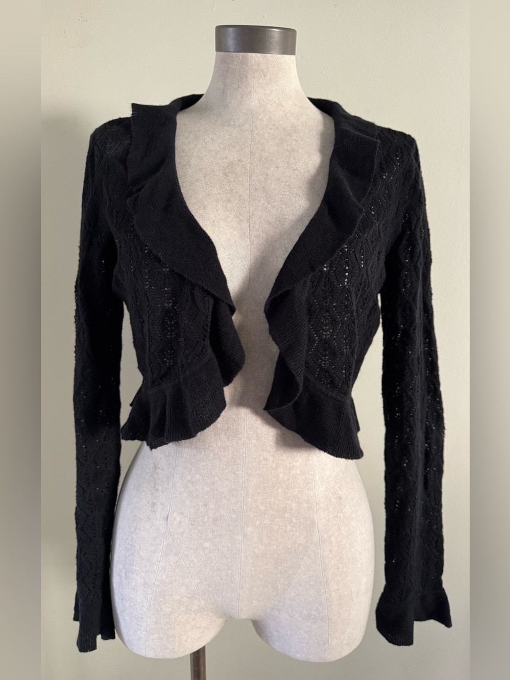 New York & Company Black Ruffle Shrug Cardigan Cotton Ramie M
